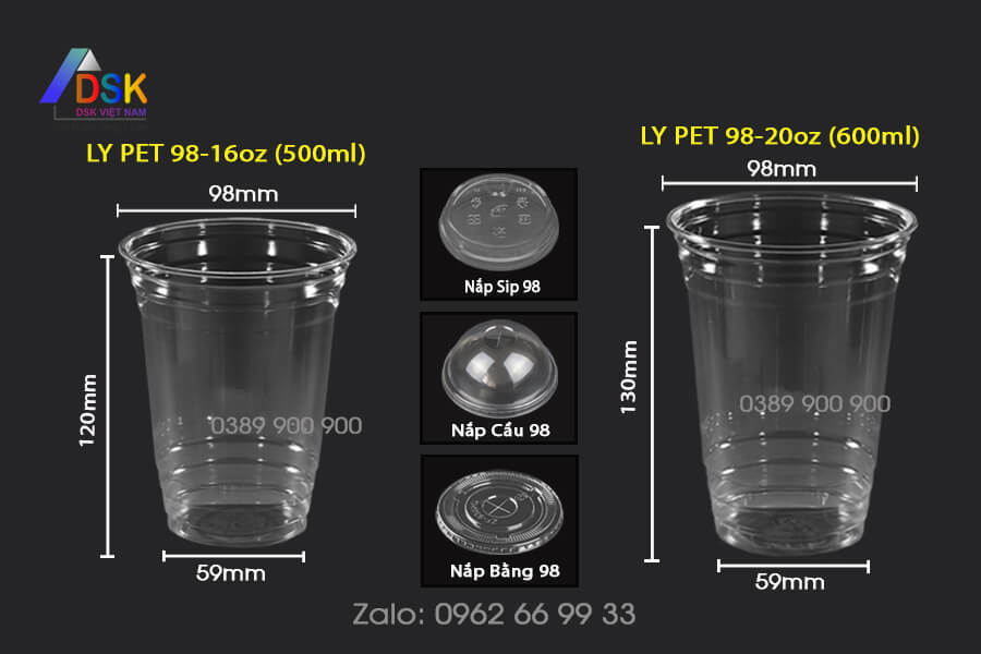 Ly nhựa pet 500ml 600ml dùng nắp 98 Ly nhựa pet 16oz, 18oz, 20oz