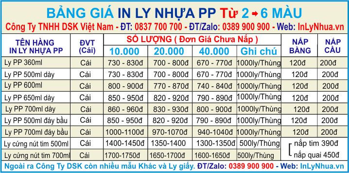 Bảng giá in ly nhựa GIÁ IN LY NHỰA NHIỀU MÀU